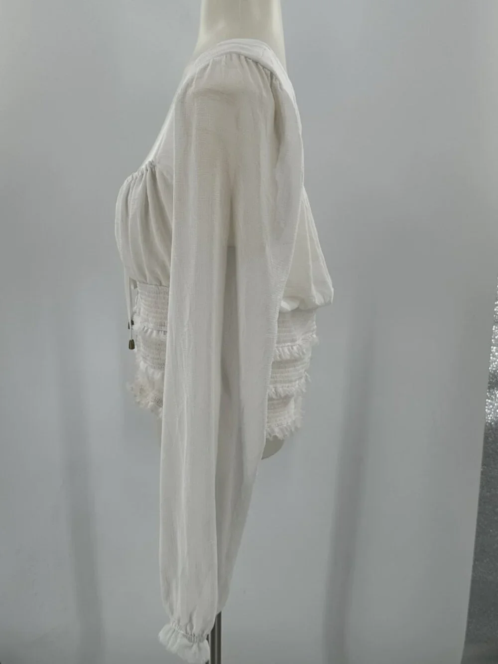 Free People Top Peasant White Cropped Long Sleeve Tiered Smocked Sheer Boho Lg